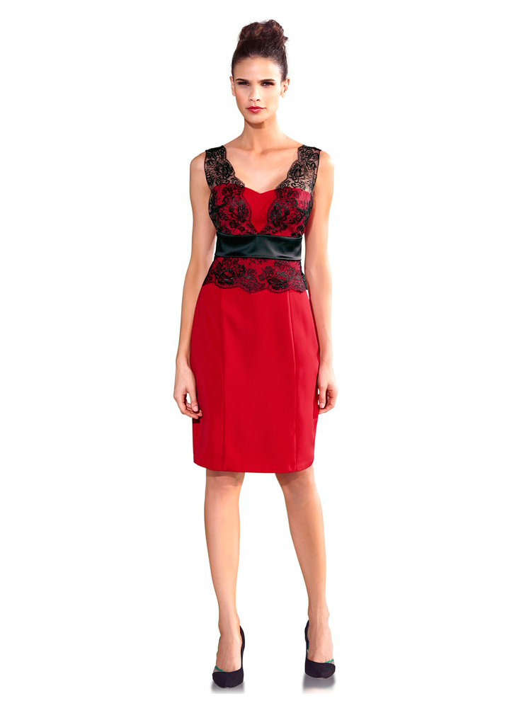 Robe de soirÃ©e courte rouge, bustier en dentelle noire